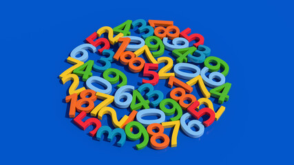 Group of bright colorful numbers. Blue background, Abstract illustration, 3d render.