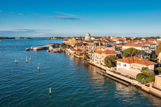 Aerial view of the Lido de Venezia island in Venice, Italy. The island between Venice and Adriatic sea.