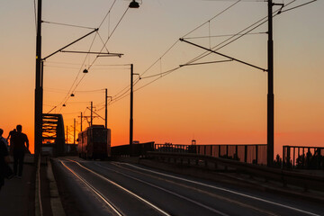 Obraz na płótnie Canvas Silhouette of railway bridge with tram in Belgrade, Serbia