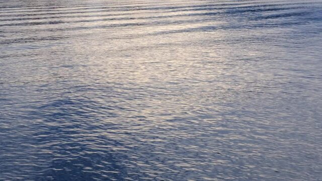 夕暮れの海岸。穏やかなさざなみに夕陽が反射する