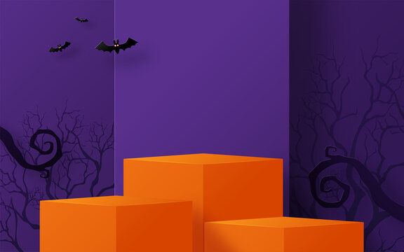 Halloween background design with 3d Podium round, square box stage podium ghost, pumpkin, bat, lamp, gravestone, moon, night, spooky,gravestone and paper cut art elements craft style on background.
