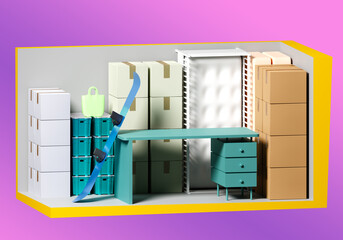 Storage Units 5 by 10 feet. Rental Storage Units. Storage Units for safekeeping. Warehouse for safekeeping of personal belongings. Furniture and personal belongings in container. 3d image