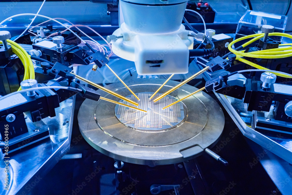 Poster study of test sample of transistor microchip under microscope in laboratory. pcb production. equipme