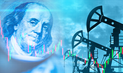 Investments in oil production. Franklin's portrait as symbol of investment. Stock quotes next to...
