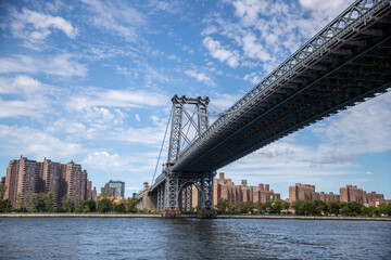 The Williamsburg Bridge is a suspension bridge in New York City across the East River connecting the Lower East Side of Manhattan at Delancey Street with the Williamsburg neighborhood of Brooklyn.