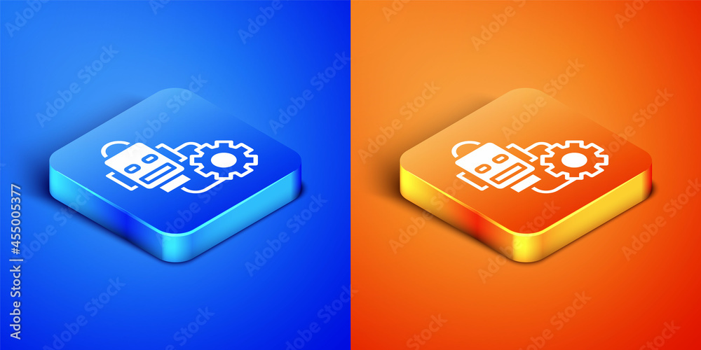 Poster isometric robot setting icon isolated on blue and orange background. artificial intelligence, machin