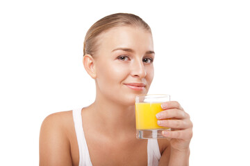 Young woman with a glass of orange juice isolated