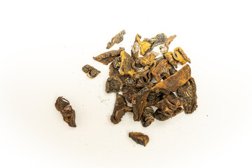 Top view of some dried pine or shelf mushrooms on a white background.