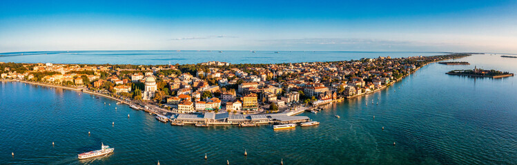 Aerial view of the Lido de Venezia island in Venice, Italy. The island between Venice and Adriatic sea.