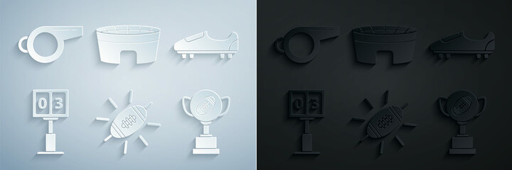 Set American Football ball, Soccer or football shoes with spikes, Sport mechanical scoreboard and result display, Award cup, stadium and Whistle icon. Vector