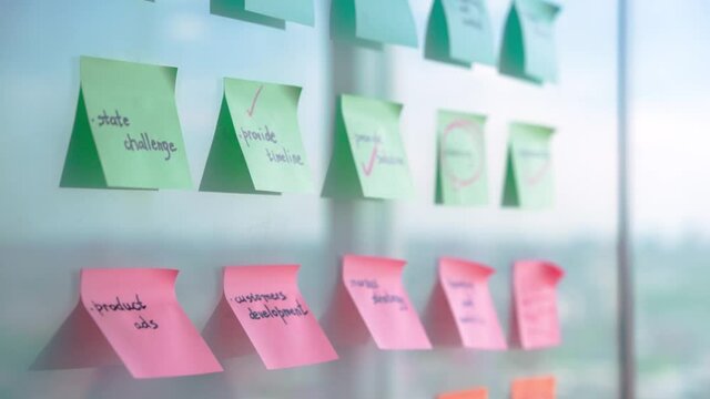 Whiteboard with adhesive sticky notes reminders tasks about ideas of planning strategy project standing at panoramic window of modern contemporary business office. Close up. No people.