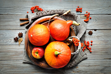 Wooden plate with orange Hokkaido pumpkins, rowan berry, apples, cinnamon and Autumn decorations. Flat lay, top view on aged, grunge, old wooden table.