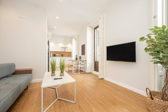 Image of a living room with large windows, tv and an office table and kitchenette in the background in a vacation rental studio