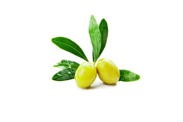 Olives with leaves on branch isolated over white