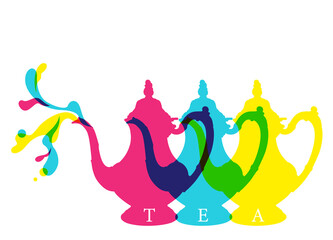 Three colorful teapots and splash in offset print style on white
