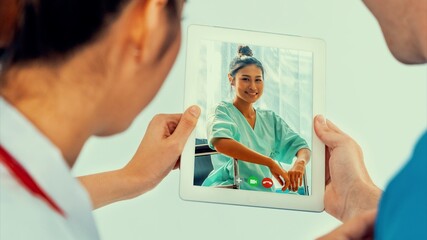 Doctor telemedicine service online video for virtual patient health medical chat . Remote doctor healthcare consultant from home using online mobile device connect to internet for live video call . - obrazy, fototapety, plakaty