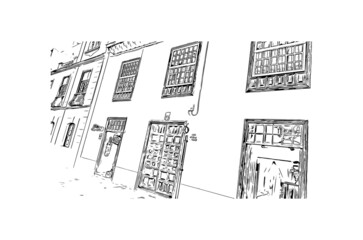 Building view with landmark of  La Laguna is the 
city in Spain. Hand drawn sketch illustration in vector.