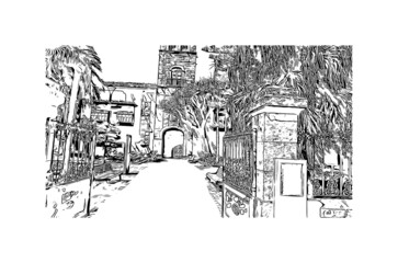 Building view with landmark of  La Laguna is the 
city in Spain. Hand drawn sketch illustration in vector.