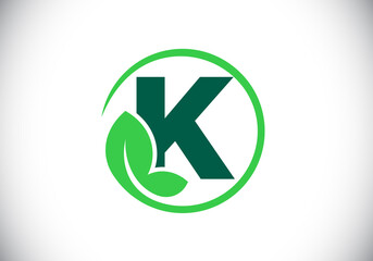Initial K monogram alphabet with leaf. Eco-friendly logo concept. Font emblem. Modern vector logo for ecological business and company identity