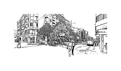 Building view with landmark of  La Laguna is the 
city in Spain. Hand drawn sketch illustration in vector.