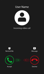 Flat vector illustration of an incoming video call on a smartphone screen. Video call user interface.