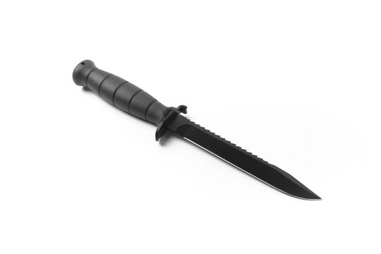 combat knife isolated on white, bayonet knife type used for survivance by military forces. Spring steel with clip point tip for defense