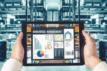 Warehouse management innovative software in computer for real time monitoring of goods package...