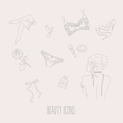 Beauty icon set with a rose, lingerie, a girl, shoes and cosmetics. Vector elegant illustrations for graphic design, highlights and presentations.