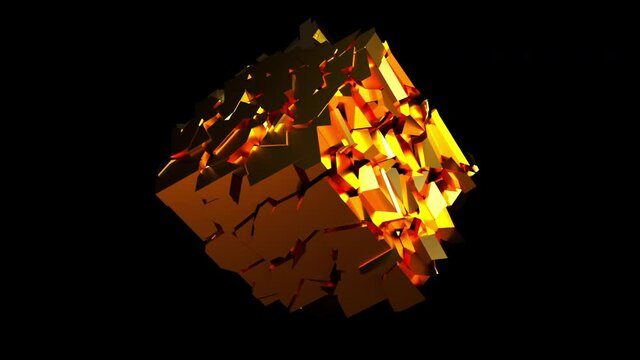 Futuristic breaking 3d render square into small geometric fragments. Changing cybercrystal with decaying textures. Cubic plasmoid cracked from gravity with creative decoration pieces.