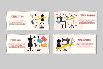 A set of flyers for a sewing workshop. Scenes with tailor tools - a mannequin, a sewing machine, threads and needles and other elements. Vector illustration. For tailor shops, sewing shops, tailors