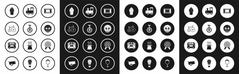 Set Circus ticket, Unicycle or one wheel bicycle, Vintage, Ice cream, Clown head, Toy train, Target and wagon icon. Vector © Oksana