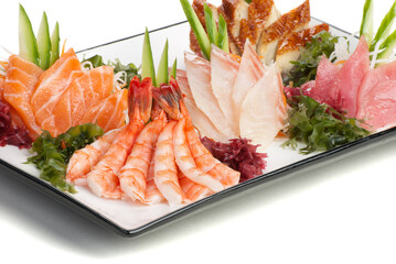 Set of Sashimi on Daikon with Seaweed, Cucumber