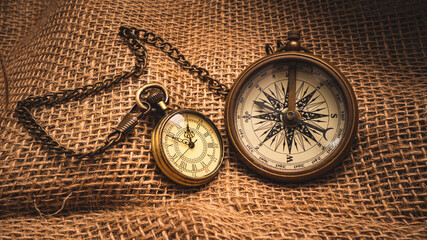 Maritime Compass And  Watch On Burlap