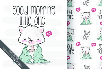 Cute animal baby kitten hold on coffee cup  with seamless pattern: can be used for cards, invitations, baby shower, posters; with white isolated background
