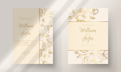 Wedding Invitation Card with Gold Flowers. Background with geometric golden frame. Cover design with an ornament of golden leaves.