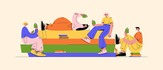Book club with trendy people reading. Men and women studing books sit and lie on huge stack of books. Vector flat cartoon illustration. Knowledge and education concept for landing page, banners