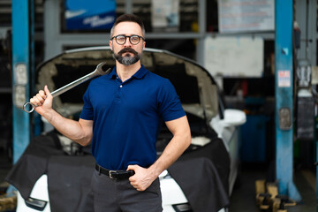 Portrait of caucasian man smiling to the camera and big wrench tools in hand. Expertise mechanic working in automobile repair garage.