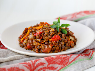 White plate of delicious vegetarian homemade gren lentil with tomatoes, carrot and onion on kitchen towel. Healthy lifestyle. Diet menu. Side view