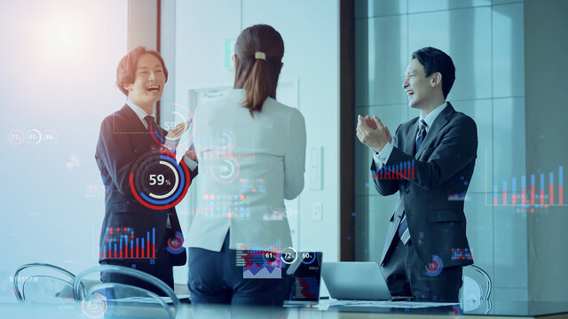 ミーティングするビジネスグループと統計データイメージ