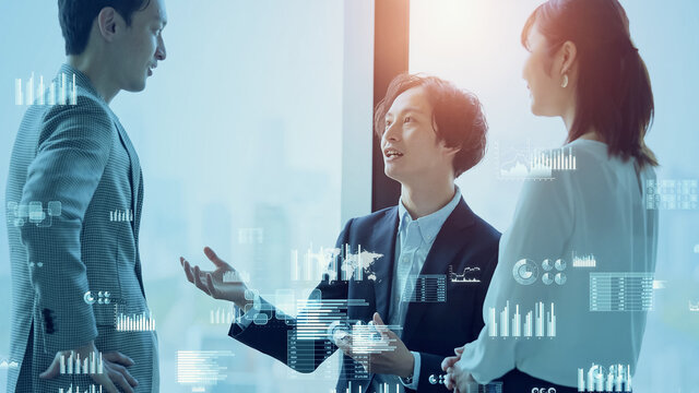 ミーティングするビジネスグループと統計データイメージ