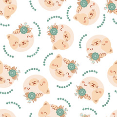 Seamless pattern with cute cat and bouquet blue flowers. Background with wild animals in flat style. Illustration for kids. Design for wallpaper, fabric, textiles, wrapping paper. Vector