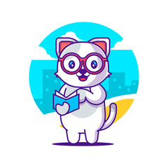 Cute Cat reading a book Cartoon Illustration. Animal and Education Flat cartoon Style Concept