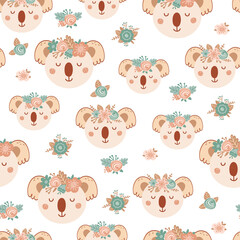 Seamless pattern with cute koala and bouquet pink and blue flowers. Background with wild animals in flat style. Illustration for kids. Design for wallpaper, fabric, textiles, wrapping paper. Vector