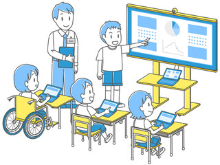 小学校のタブレットを活用した授業で、みんなの前で発表する児童