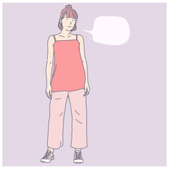 Minimal line art illustration of trendy female woman or girl characters with blank bubble speech text in vector EPS