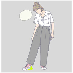 Minimal line art illustration of trendy female woman or girl characters with blank bubble speech text in vector EPS