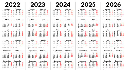 2022 2023 2024 2025 2026 full years german language calendar grids, vertical layout