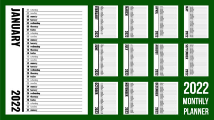 2022 blank monthly weekly and daily personal or office planner, sunday first, vector ready for print template - obrazy, fototapety, plakaty