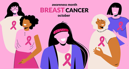 Breast Cancer Awareness Month October web banner with diverse ethnic and different ages women group with pink support ribbon. World cancer day concept. Vector illustration for landing website template - obrazy, fototapety, plakaty