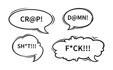 Swearing speech bubbles censored with asterisks and at signs. Swear words in text bubbles to express dissatisfaction and bad mood. Vector illustration isolated in white background